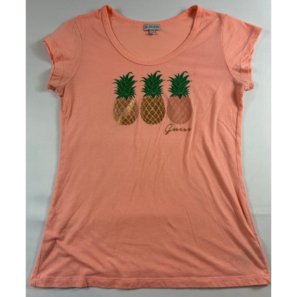 Guess Pineapple Graphic Tee Women XL Pink Coral Short Sleeve Scoop Neck Shirt